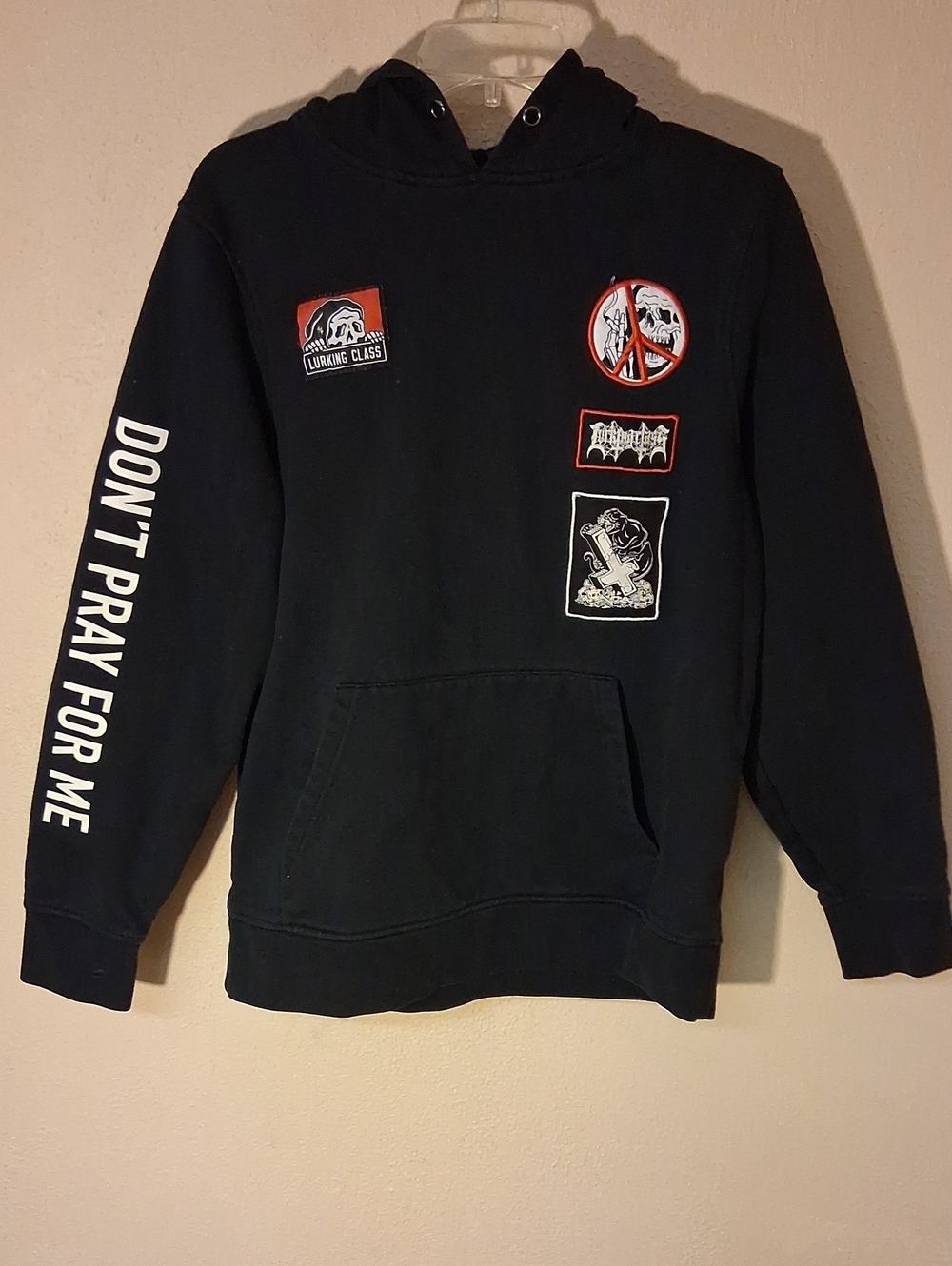 Men's Black Graphic Hoodie Jacket with Sleeve Text and Patch Details